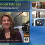 Host speaking into a large microphone on the 'Financial Fitness' podcast set, with a collage of photos on the right.