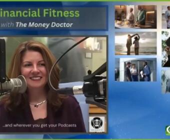 Host speaking into a large microphone on the 'Financial Fitness' podcast set, with a collage of photos on the right.