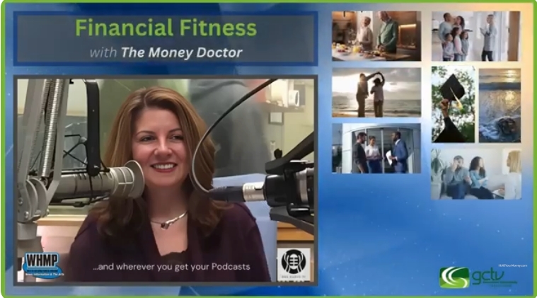 Host speaking into a large microphone on the 'Financial Fitness' podcast set, with a collage of photos on the right.
