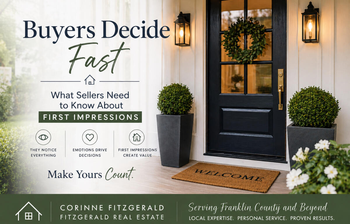 Front porch advertisement for a real estate agent: large 'Buyers Decide Fast' headline, wreath on the door, two potted plants, and a welcome mat; bottom banner with agent name and service.