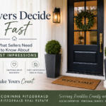 Front porch advertisement for a real estate agent: large 'Buyers Decide Fast' headline, wreath on the door, two potted plants, and a welcome mat; bottom banner with agent name and service.