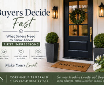 Front porch advertisement for a real estate agent: large 'Buyers Decide Fast' headline, wreath on the door, two potted plants, and a welcome mat; bottom banner with agent name and service.