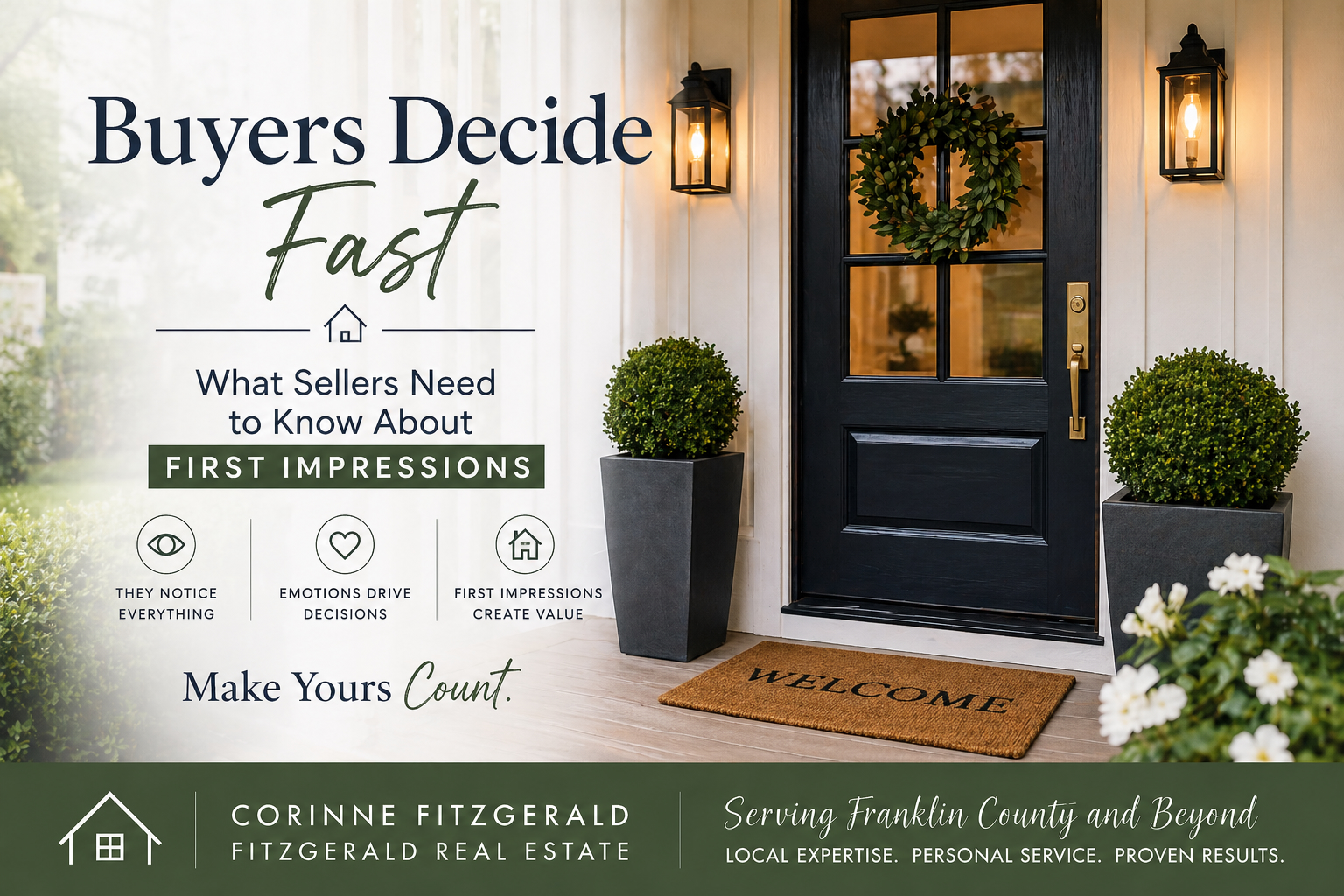 Front porch advertisement for a real estate agent: large 'Buyers Decide Fast' headline, wreath on the door, two potted plants, and a welcome mat; bottom banner with agent name and service.