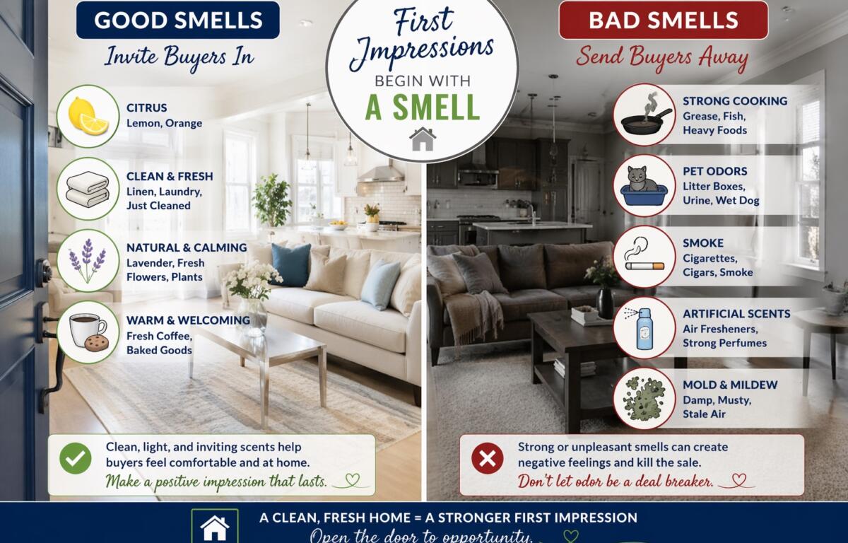 Split-image infographic showing good smells on left and bad smells on right, promoting a clean, inviting home impression.