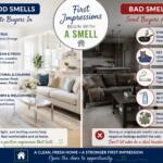 Split-image infographic showing good smells on left and bad smells on right, promoting a clean, inviting home impression.