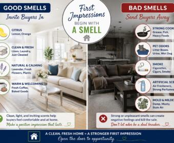 Split-image infographic showing good smells on left and bad smells on right, promoting a clean, inviting home impression.