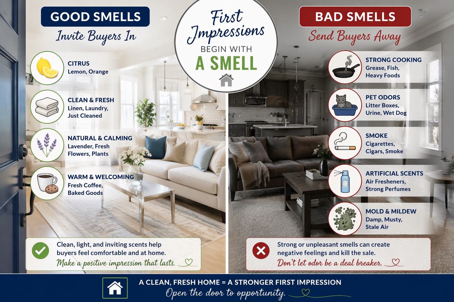 Split-image infographic showing good smells on left and bad smells on right, promoting a clean, inviting home impression.