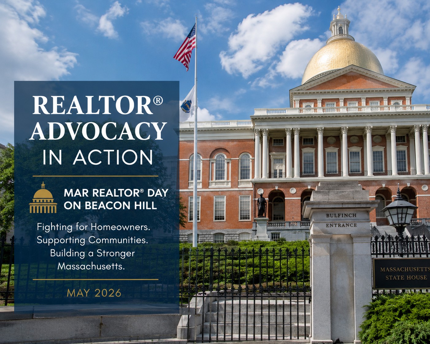 Blue promotional banner on the Massachusetts State House reads 'REALTOR ADVOCACY IN ACTION' for MAR Realtor Day, May 2026, Beacon Hill.