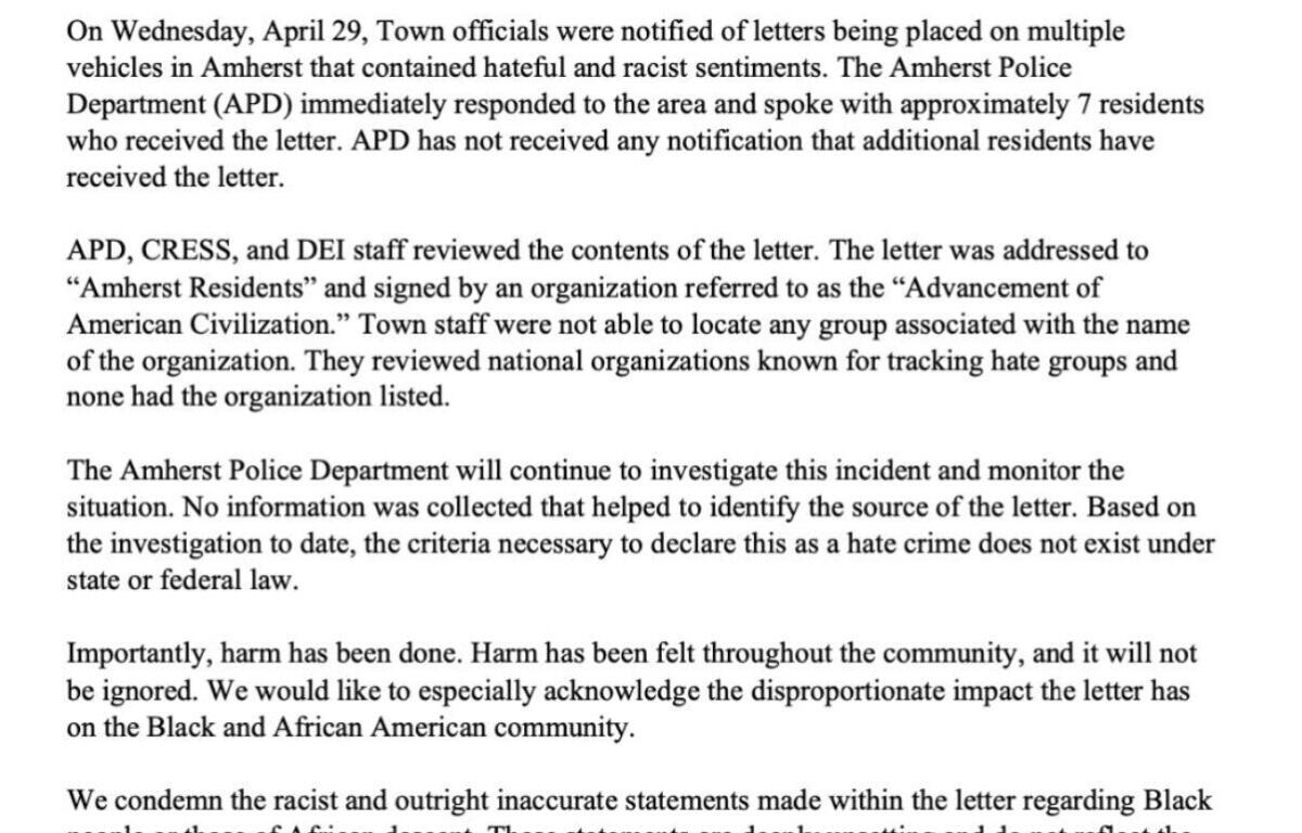 Official Amherst, MA statement about hateful and racist letters, shown with town seal and header information.
