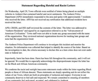 Official Amherst, MA statement about hateful and racist letters, shown with town seal and header information.