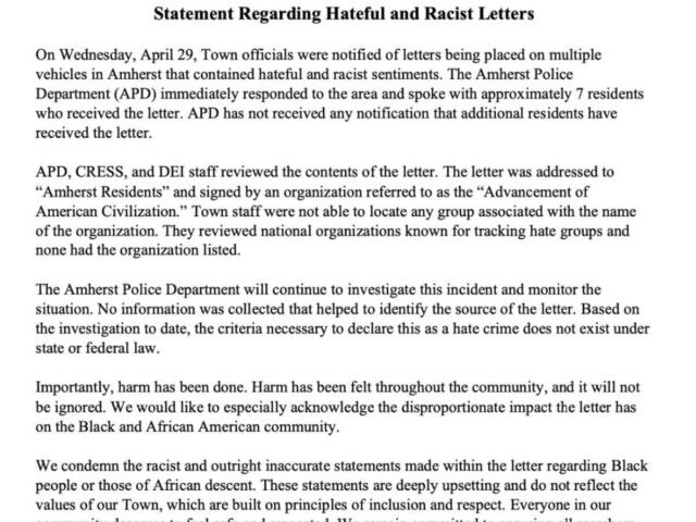 Official Amherst, MA statement about hateful and racist letters, shown with town seal and header information.