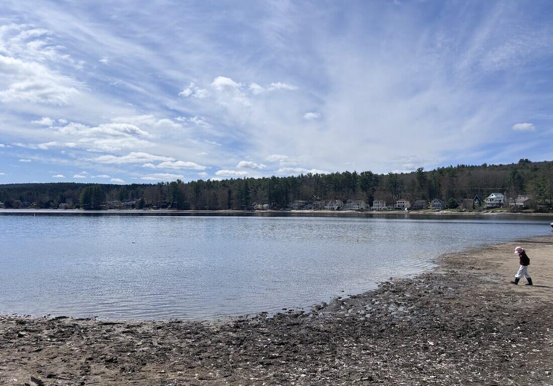 Child walking along a rocky lakeshore toward a calm lake with houses and trees in the distance under a blue sky.