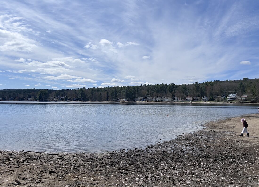 Child walking along a rocky lakeshore toward a calm lake with houses and trees in the distance under a blue sky.
