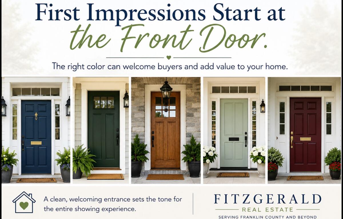 Advertisement for home exteriors showing five front doors in blue, dark green, natural wood, sage green, and burgundy under the headline about first impressions and color choice.