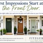 Advertisement for home exteriors showing five front doors in blue, dark green, natural wood, sage green, and burgundy under the headline about first impressions and color choice.