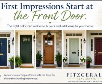 Advertisement for home exteriors showing five front doors in blue, dark green, natural wood, sage green, and burgundy under the headline about first impressions and color choice.