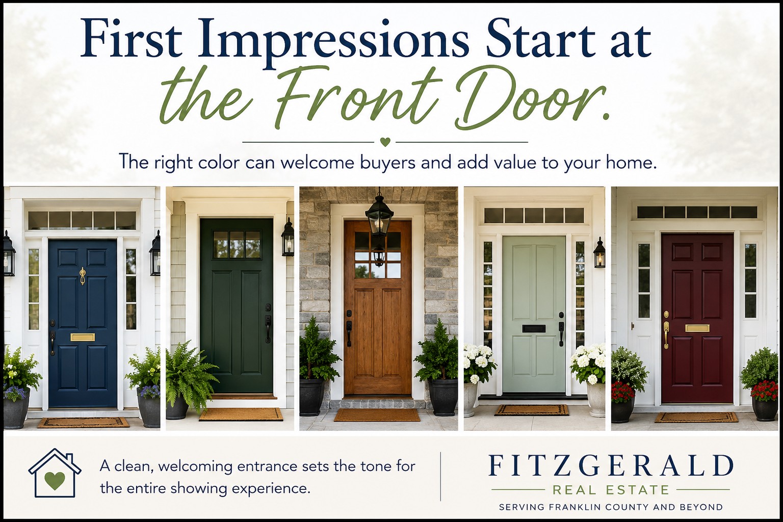 Advertisement for home exteriors showing five front doors in blue, dark green, natural wood, sage green, and burgundy under the headline about first impressions and color choice.