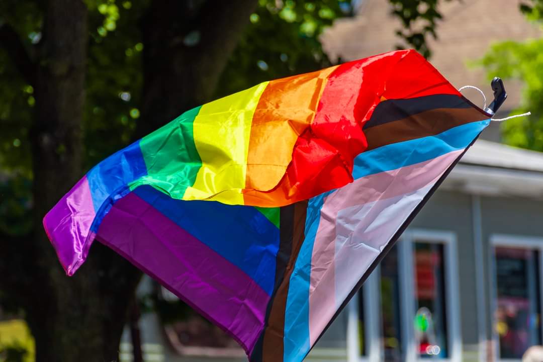 Rainbow Pride flag waving outdoors, with a transgender flag overlay: bright colors in motion near a building.