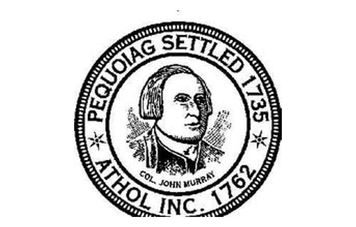 Circular seal with a central portrait, inscriptions 'Pequoag Settled 1735' and 'Athol Inc. 1762'.