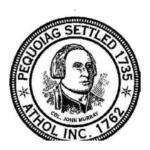 Circular seal with a central portrait, inscriptions 'Pequoag Settled 1735' and 'Athol Inc. 1762'.