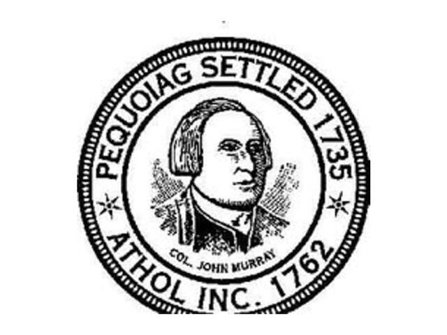 Circular seal with a central portrait, inscriptions 'Pequoag Settled 1735' and 'Athol Inc. 1762'.