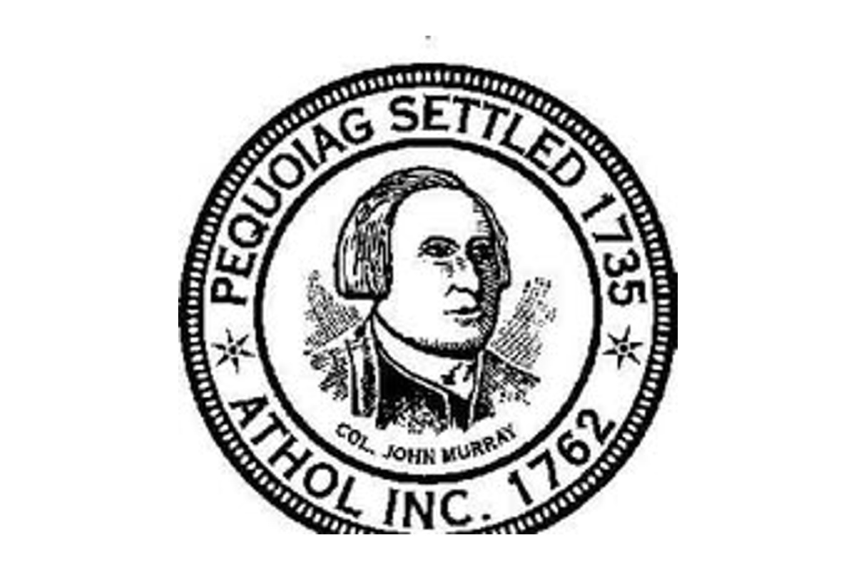 Circular seal with a central portrait, inscriptions 'Pequoag Settled 1735' and 'Athol Inc. 1762'.