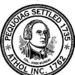 Circular seal featuring a colonial-era bust in the center and border text reading 'Pequot Settled 1765' and 'Athol Inc. 1766'