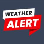 Weather alert banner with white 'WEATHER' and red 'ALERT' ribbons on a dark blue background.