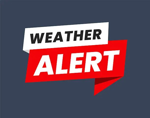 Weather alert banner with white 'WEATHER' and red 'ALERT' ribbons on a dark blue background.