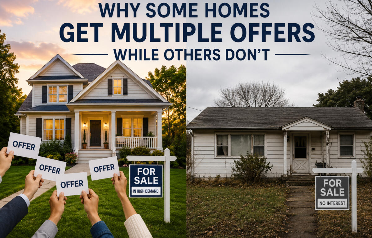 Split-screen real estate image: on the left a sunny, well-kept house with people holding 'OFFER' signs; on the right a rundown house with 'FOR SALE' signs.