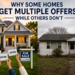 Split-screen real estate image: on the left a sunny, well-kept house with people holding 'OFFER' signs; on the right a rundown house with 'FOR SALE' signs.
