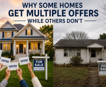 Split-screen real estate image: on the left a sunny, well-kept house with people holding 'OFFER' signs; on the right a rundown house with 'FOR SALE' signs.