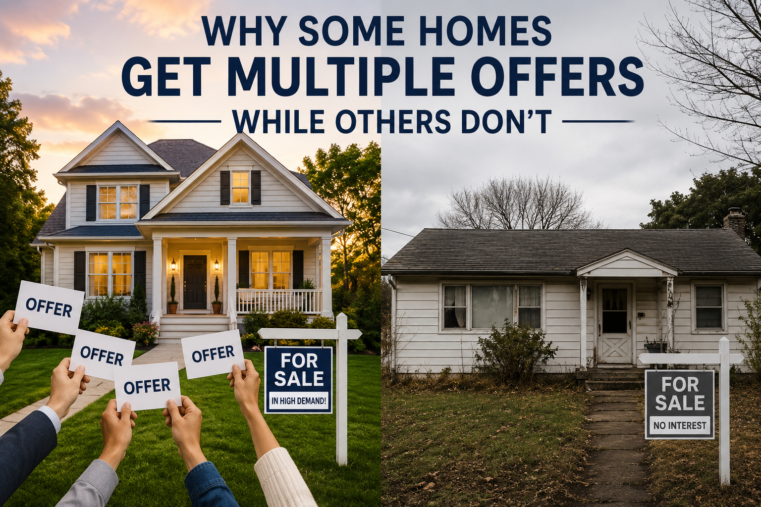 Split-screen real estate image: on the left a sunny, well-kept house with people holding 'OFFER' signs; on the right a rundown house with 'FOR SALE' signs.