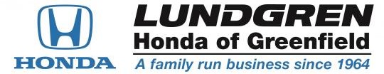 Honda logo with blue emblem beside 'Lundgren Honda of Greenfield' and the slogan 'A family run business since 1964'.