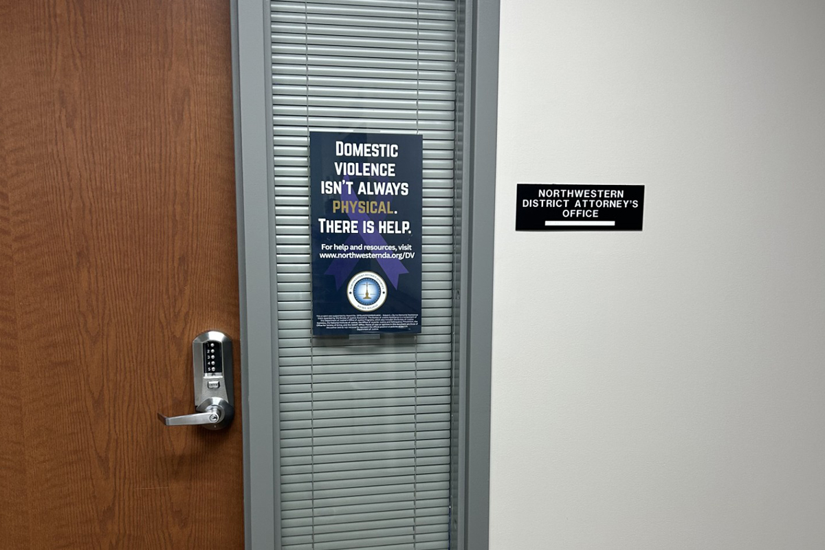 Wooden door with a silver electronic lock beside a window with blinds; poster about domestic violence on the blinds area.