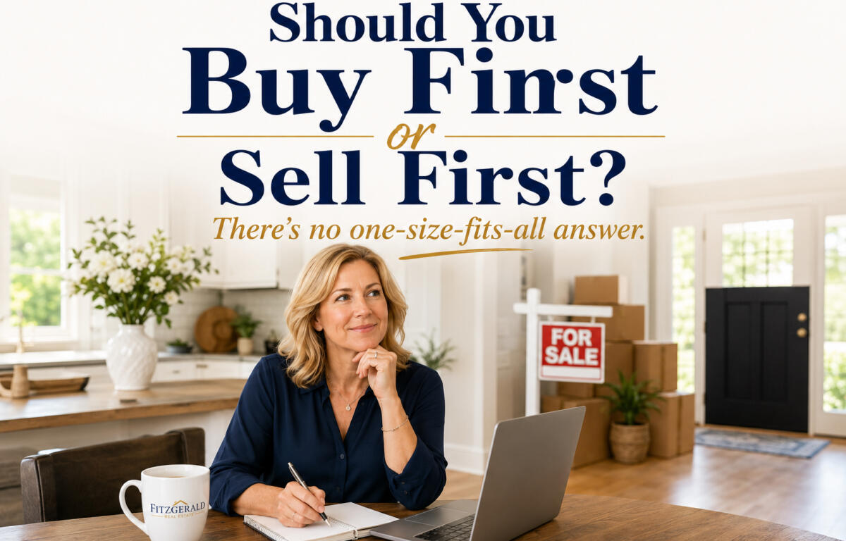 Woman sits at a table with a laptop and notebook in a bright home office; large 'Should You Buy First or Sell First?' text overlay and a 'FOR SALE' sign in the background.