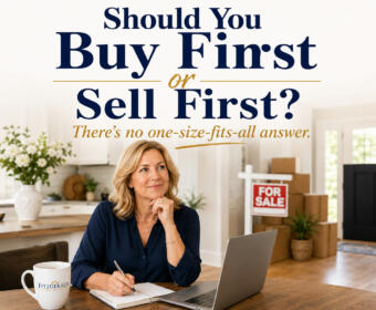 Woman sits at a table with a laptop and notebook in a bright home office; large 'Should You Buy First or Sell First?' text overlay and a 'FOR SALE' sign in the background.