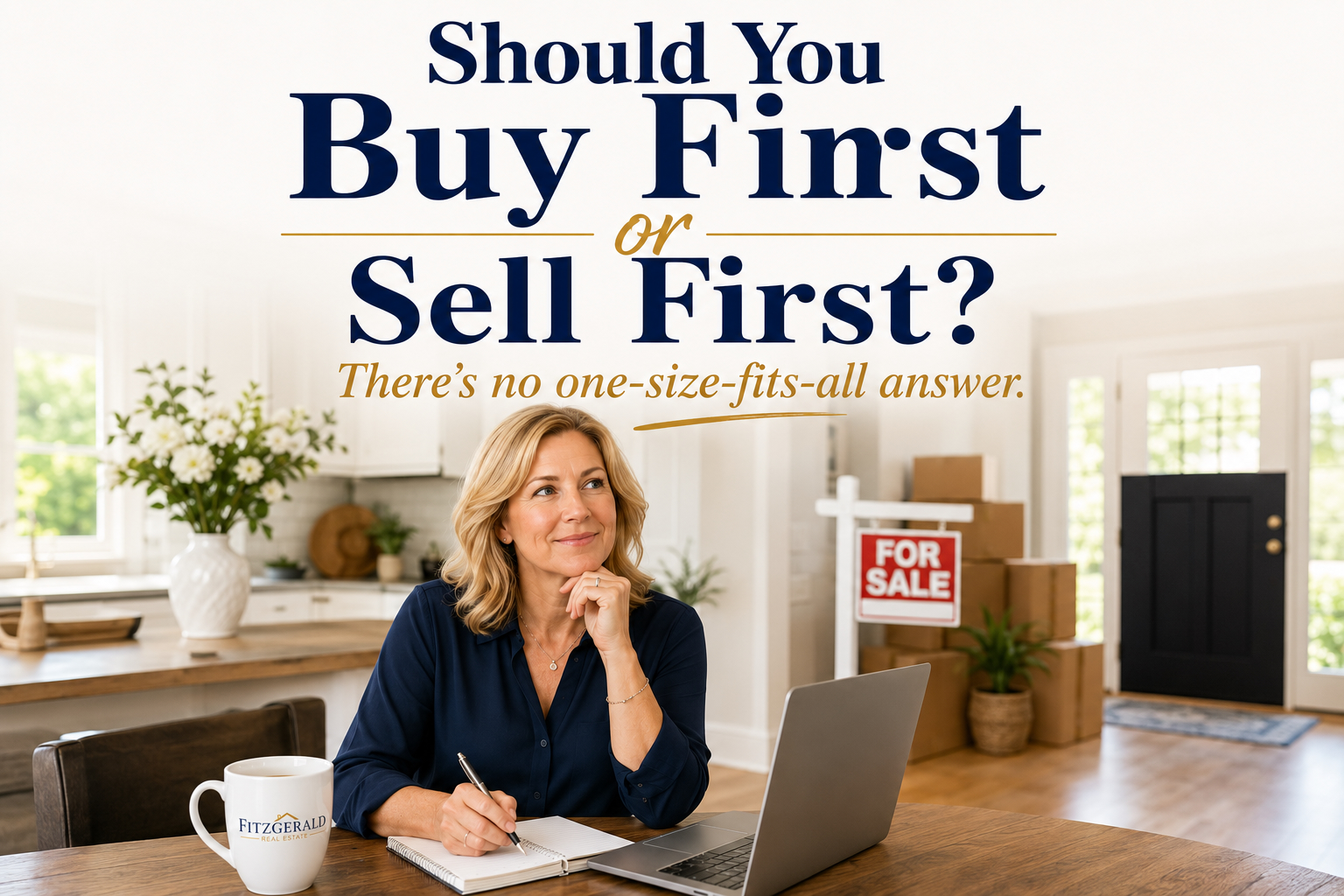 Woman sits at a table with a laptop and notebook in a bright home office; large 'Should You Buy First or Sell First?' text overlay and a 'FOR SALE' sign in the background.