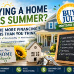 Advertisement for summer home buying with a July mortgage special, showing a house, keys, sunflowers, and a chalkboard list of benefits like down payment assistance and rate reductions.