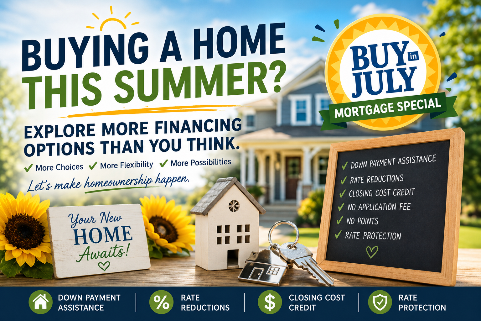 Advertisement for summer home buying with a July mortgage special, showing a house, keys, sunflowers, and a chalkboard list of benefits like down payment assistance and rate reductions.